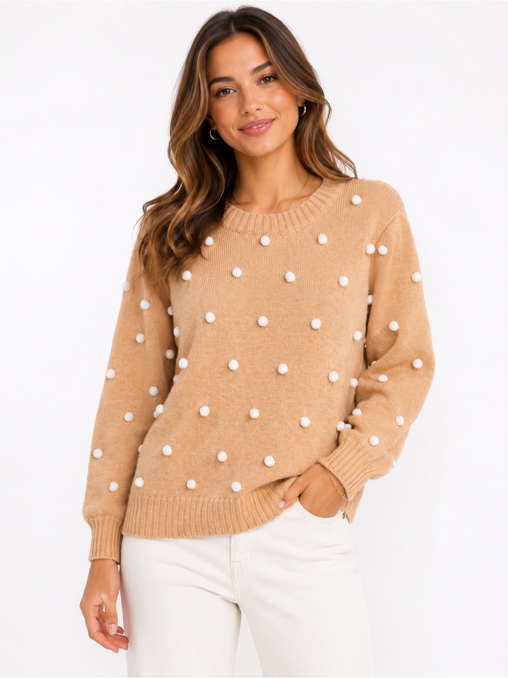 Euc Pink Lily Women's Size Medium Beige Sweater With White Pom Pom Accents